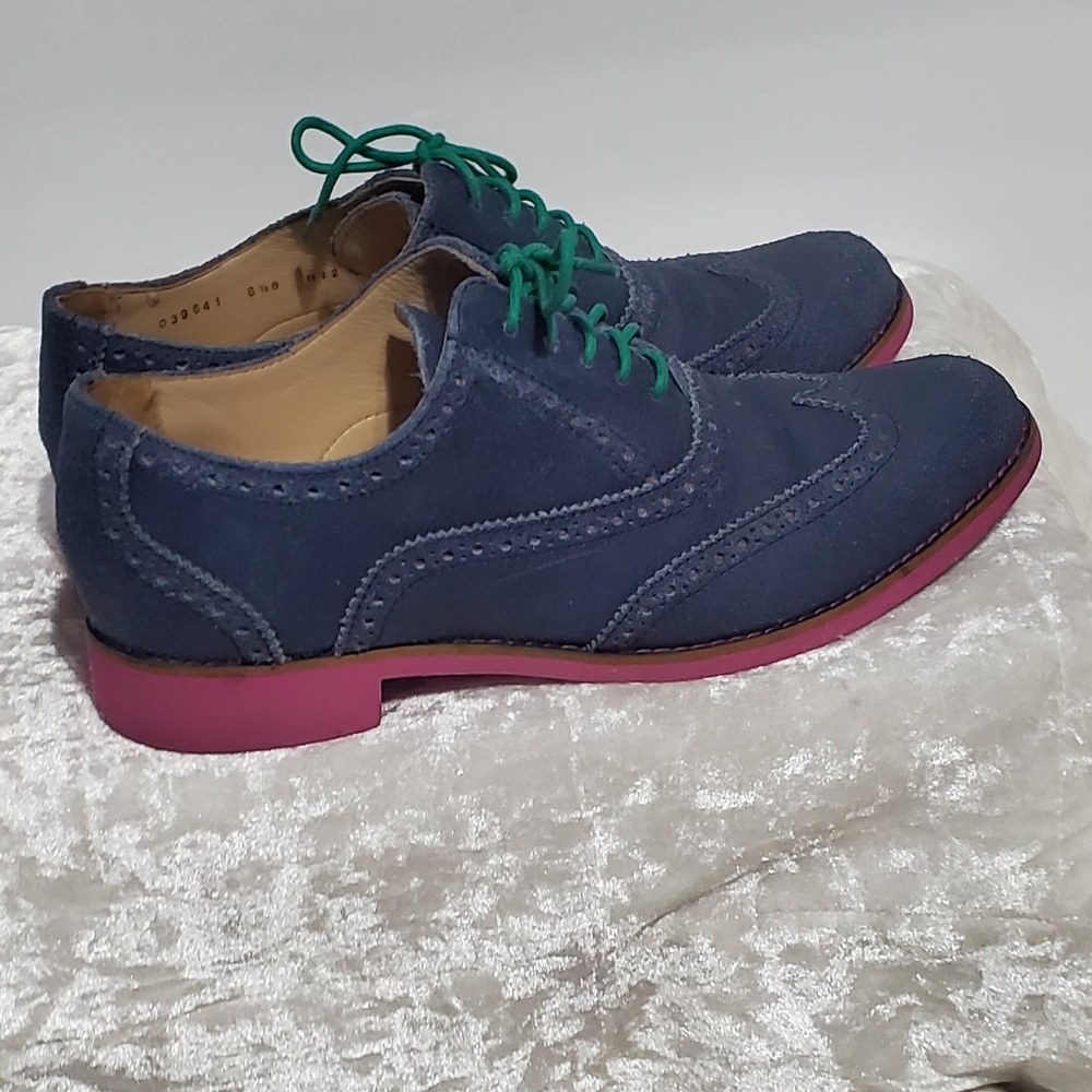 Cole Haan Navy Suede Wingtip Oxfords with Pink Sole and Green Laces - Picture 3 of 8